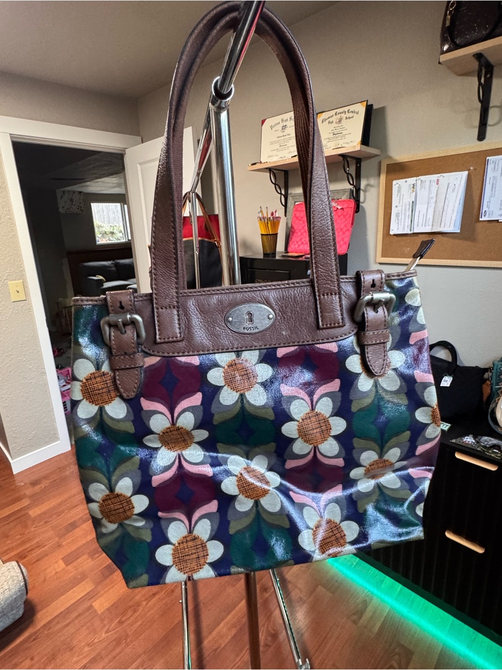 Fossil Multicolor Floral Canvas Tote with Brown Leather Trim